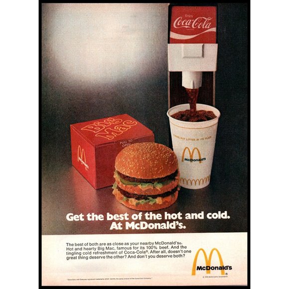 1974 McDonald's Big Mac Coca Cola Coke Vintage Print Ad Fast Food Wall Art Photo - Picture 1 of 1